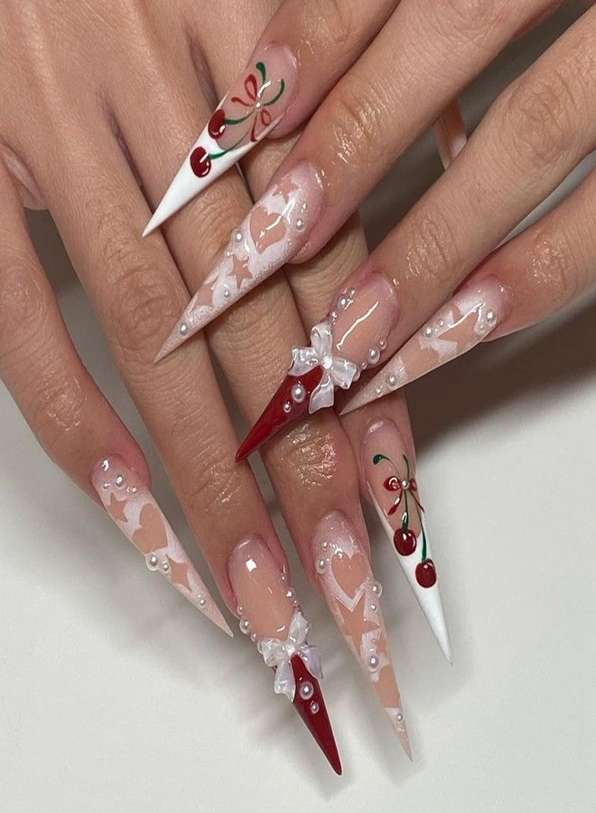 CTTHNBD Long Press Stiletto Pink False French Tip Acrylic Nails with 3D Bow Cherry Design Glue on Heart Star Full Cover Stick on Nails for Women Manicure 24Pcs - Image 1